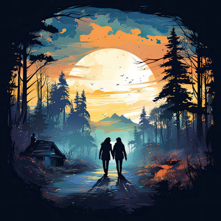 Hiking couple in the forest at sunset. Vector illustration for your designの素材