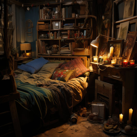 Interior of an old room with a wooden bed, candles and booksの素材