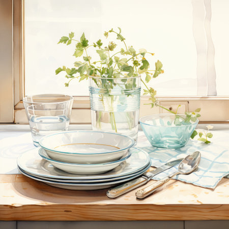 Beautiful table setting for breakfast on the windowsill in the morningの素材