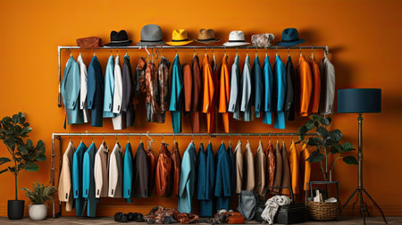 Wardrobe rack with different stylish clothes and accessories on color wall backgroundの素材
