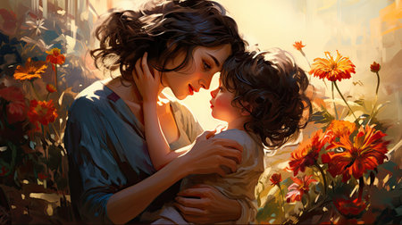 Mother and son in the flower garden. Photo in oil painting style.の素材