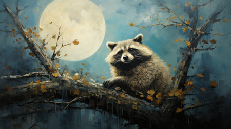 a raccoon sitting on a tree branch in front of a full moonの素材