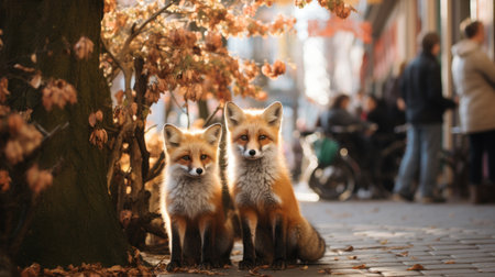 Red foxes on the street in autumnの素材