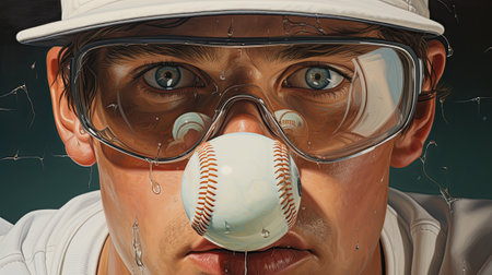 Close-up portrait of a baseball player with helmet and visorの素材