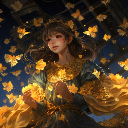 a fairy tale girl with yellow butterflies in her hairの素材