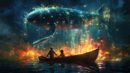 Fantasy scene with a whale and a man in a boat.の素材