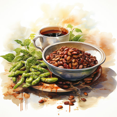 Bowl of red beans with soy sauce and cup of coffee on white backgroundの素材