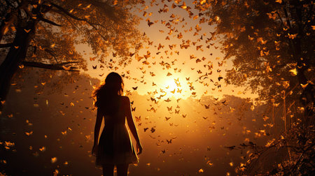 Silhouette of a girl on the background of the autumn forest.の素材