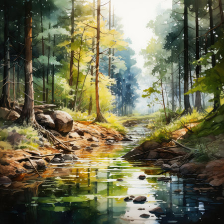Digital painting of a river in a pine forest.の素材