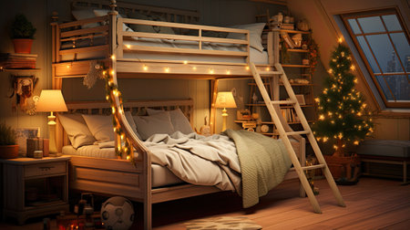 a wooden bunk bed with lights in the roomの素材
