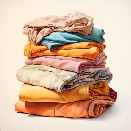 Pile of multicolored clothes isolated on white background. Toned.の素材