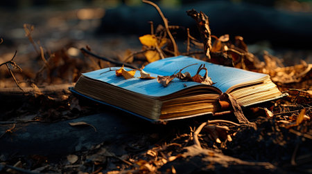 Old book on the ground with autumn leaves. Selective focus.の素材