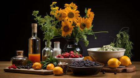 Still life of fresh fruits and vegetables on a wooden table. Black background.の素材