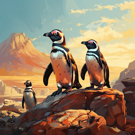 African penguins on a rock in the desert. Vector illustration.の素材
