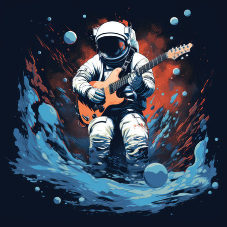 Astronaut playing the electric guitar on a grunge background.の素材