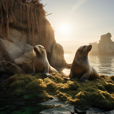 Sea lions on the rocks in the ocean at sunset. Zalophus californianusの素材