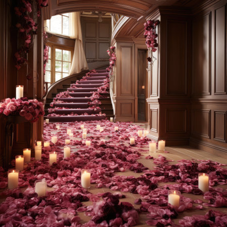 Staircase decorated with rose petals and candles in a luxury mansionの素材