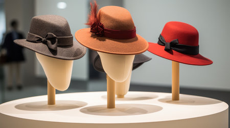 Women's hats on display in a shop windowの素材