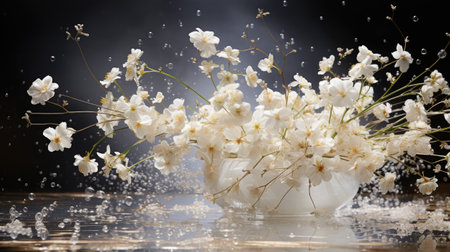 White gypsophila flowers in vase with water drops on wooden tableの素材