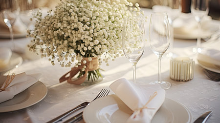 Wedding table setting with flowers in vase and cutleryの素材