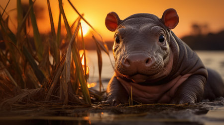 Hippopotamus in the water at sunsetの素材