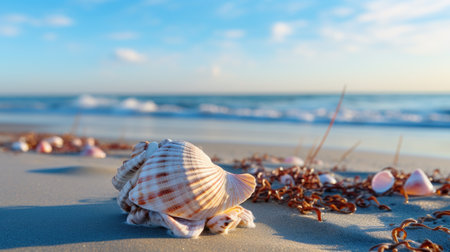 Seashells on a sandy beach with sea in the backgroundの素材