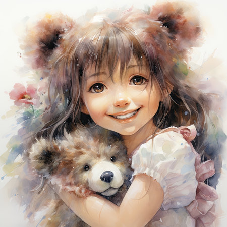 Portrait of a beautiful little girl with a toy bear.の素材