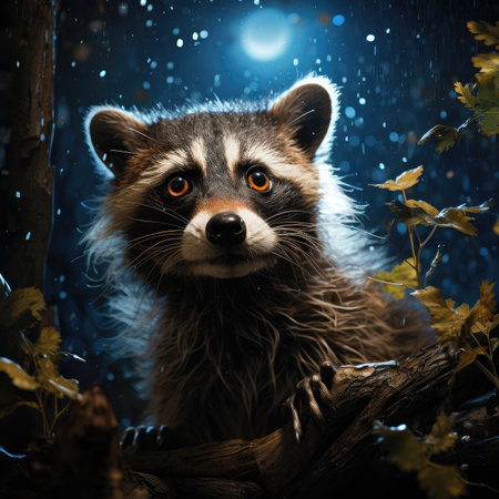 Portrait of a raccoon in a dark forest. Animal theme.の素材