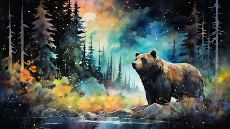 a brown bear on a lake in the forest.の素材