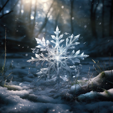 Snowflake in the winter forest. Christmas and New Year background.の素材