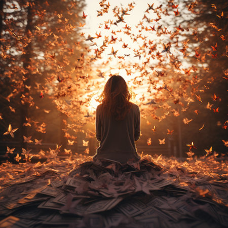 Young woman sitting in the autumn forest among flying paper birds at sunsetの素材