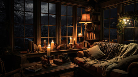 Night in the attic of a country house with a large window.の素材