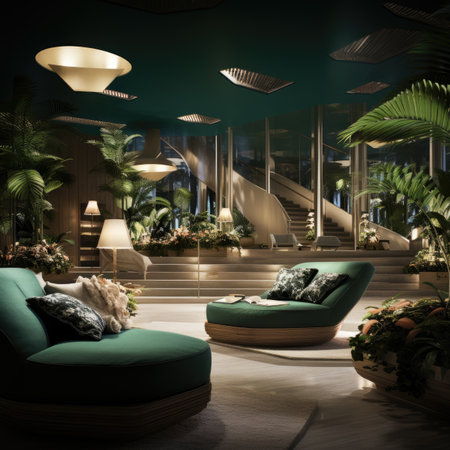 Interior of luxury living room with green armchairs and palm treesの素材