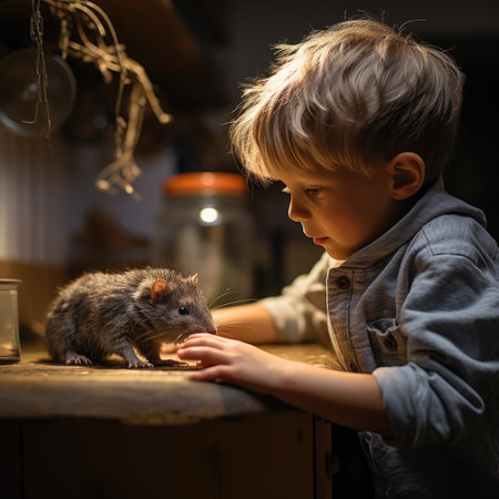 Little boy playing with a rat in the kitchen at homeの素材