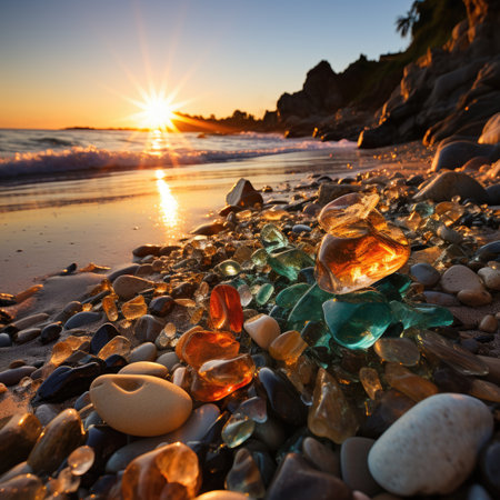 Beautiful sunset on the beach with crystal clear water and sun reflectionの素材