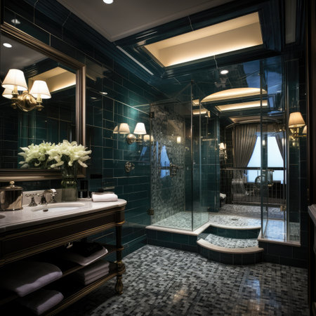 Interior of modern bathroom with black tiles and mirrorの素材