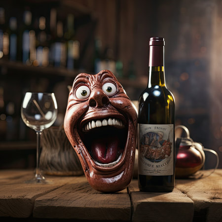 A bottle of wine with a scary face in the form of a ghost.の素材
