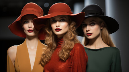 Fashion shot of three beautiful women in hats. Beauty, fashion.の素材