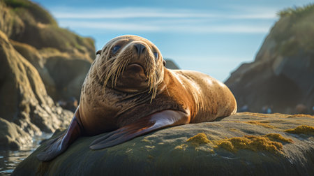 Sea lion lying on a rock in the ocean. Panoramic view.の素材
