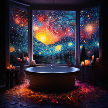 Bathroom interior with hot tub on the background of the night skyの素材