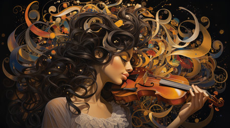Beautiful girl playing the violin on abstract background.の素材