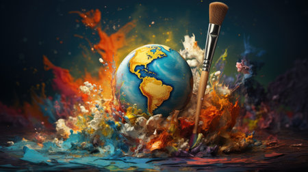Earth planet and paint brush on fire background.の素材