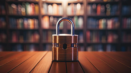 Padlock on wooden table in library against bookshelf in libraryの素材