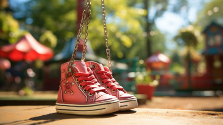 Pair of red sneakers on a swing in the playground. Selective focus.の素材