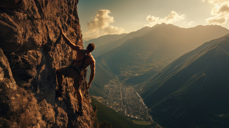 Athletic man climbing on a rocky wall in the mountainsの素材