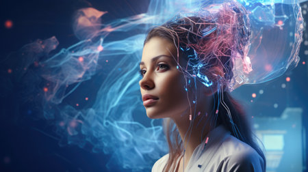 Portrait of a beautiful young woman with glowing brain on dark backgroundの素材