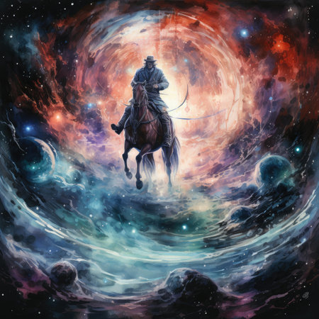 Horseman riding a horse on the background of the starry skyの素材