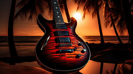 Guitar on the beach at sunset.の素材