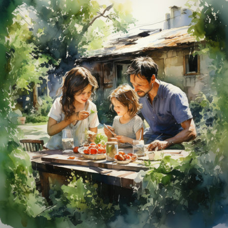 Watercolor Happy family having breakfast in the countryside.の素材