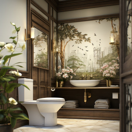 Bathroom interior design with bathtub, mirror, toilet and flowers.の素材